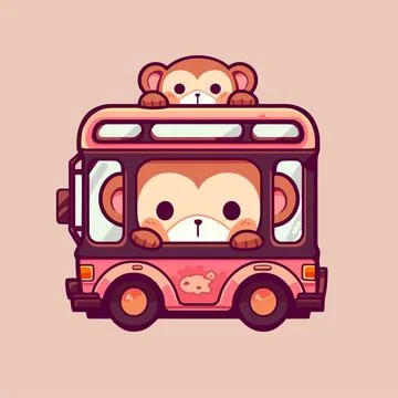 Monkey on a bus cartoon character Stock Illustration