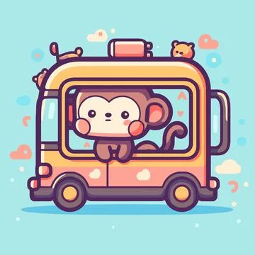 Monkey on a bus cartoon character Stock Illustration