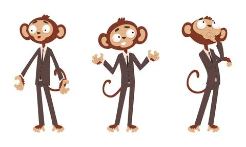 Monkey Businessman Character Standing on Two Legs and Gesturing Set, Humanized Stock Illustration
