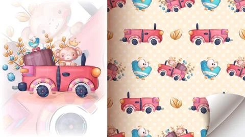 Monkey in the car - seamless pattern Stock Illustration