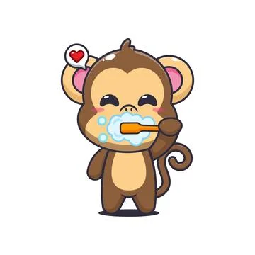 Monkey cartoon vector illustration brushing teeth Stock Illustration