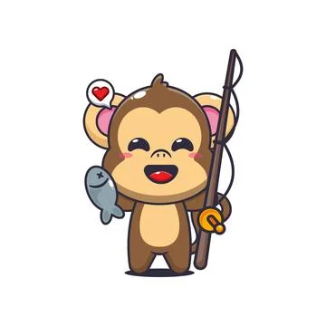 Monkey cartoon vector illustration catching fish with fishing rod Stock Illustration