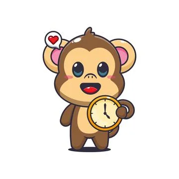 Monkey cartoon vector illustration with clock Stock Illustration