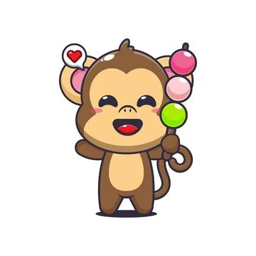 Monkey cartoon vector illustration eating dango Stock Illustration