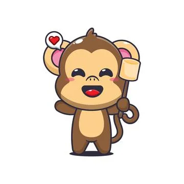 Monkey cartoon vector illustration eating marshmallow Stock Illustration