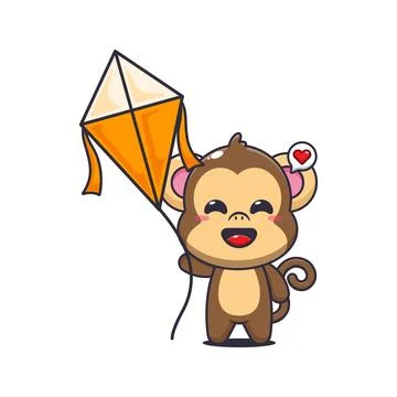 Monkey cartoon vector illustration playing kite Stock Illustration
