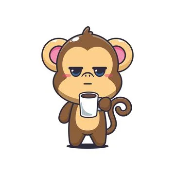 Monkey cartoon vector illustration is tired and sleepy holding coffee Stock Illustration