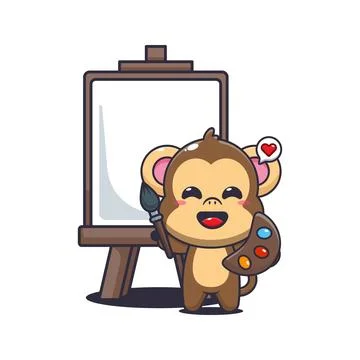 Monkey cartoon vector illustration wants to paint on canvas Stock Illustration