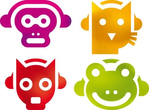 Monkey, cat, dog and frog with headphones. Rock animals. Stock Illustration