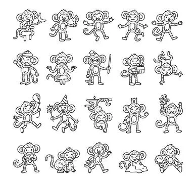 Monkey character set in outline line art Stock Illustration