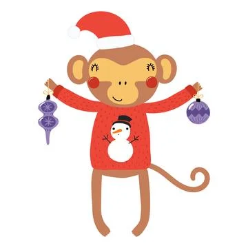 Monkey with Christmas ornaments isolated Stock Illustration