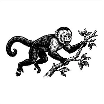 A monkey is climbing a tree branch with leaves Stock Illustration
