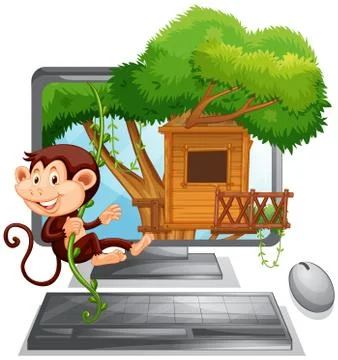 Monkey climbing up the treehouse on computer screen Stock Illustration