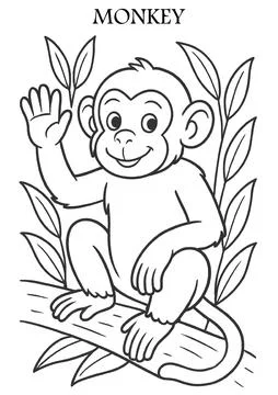 Monkey Coloring Page – Printable Jungle Animal Line Art for Kids and Adults Stock Illustration