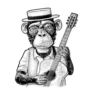 Monkey dressed hat, shirt, bow tie holding microphone. Engraving イラスト素材