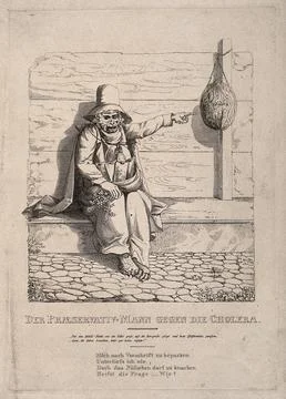 A monkey dressed in preparation against the cholera epidemic. Etching, c. 183 Stock Illustration