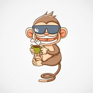 Monkey drink a cup of coffee mascot logo illustration vector Stock Illustration