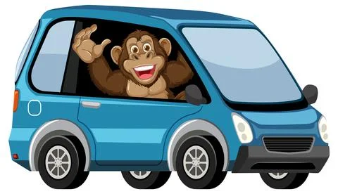 Monkey Driving a Blue Mini Van Stock Illustration