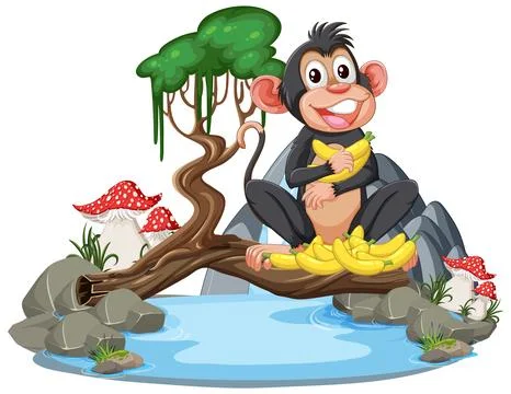 Monkey Enjoying Bananas by the Pond Stock Illustration