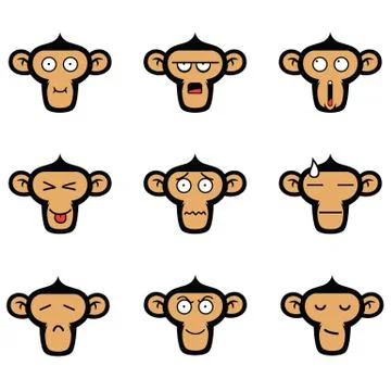 Monkey Face Expressions Vector Set Stock Illustration