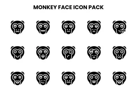 Monkey Face Glyph Set Icons Pack Stock Illustration