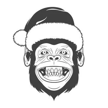Monkey Face With Santa Hat. Funny Monkey Portrait In Black and White Line Art Stock Illustration