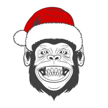 Monkey Face With Santa Hat. Funny Monkey Portrait with Red Santa Cap. Grinning Stock Illustration