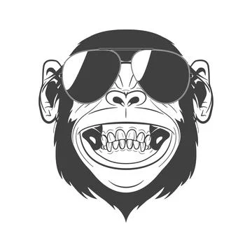 Monkey Face with Sunglasses. Cool Monkey Portrait In Black and White Line Art Stock Illustration