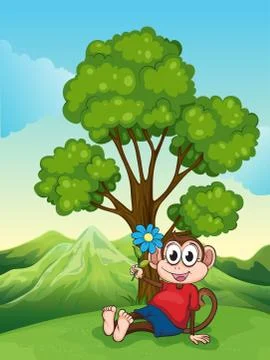 A monkey with a flower sitting under the tree Illustrazione stock