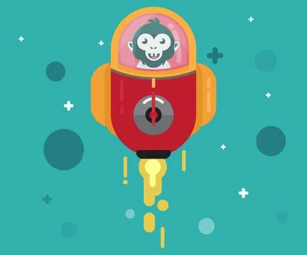 A monkey is flying into space using a capsule plane.Cartoon vector illustrati Stock Illustration