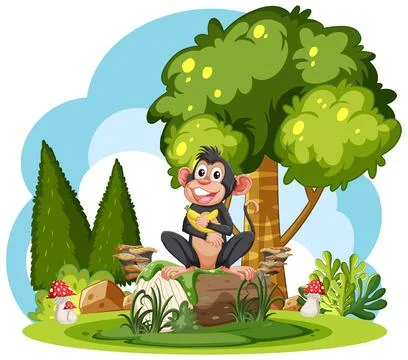 Monkey in a Forest Scene Stock Illustration