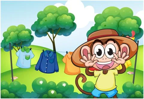 A monkey in front of the hanging clothes at the hill Stock Illustration
