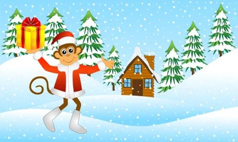 Monkey with a gift in the winter forest Stock Illustration