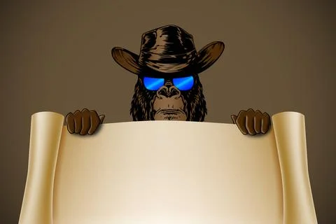 A monkey with glasses holds a blank sheet of paper with a place for advertisi Stock Illustration
