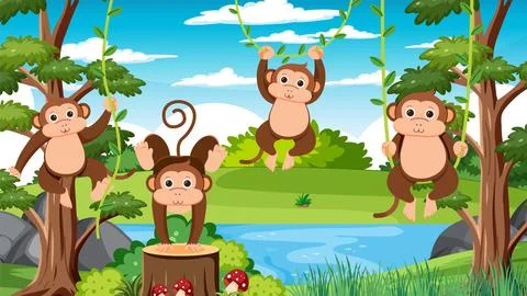 Monkey group in the forest background Stock Illustration