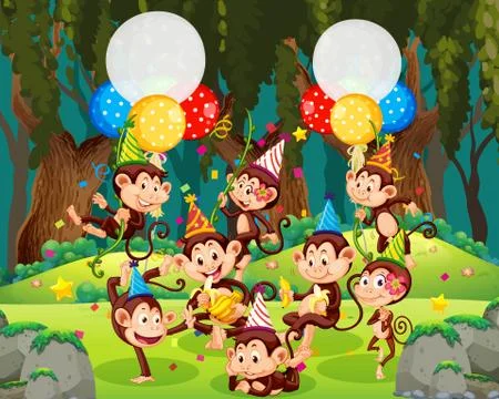 Monkey group in party theme cartoon character on forest background Stock Illustration