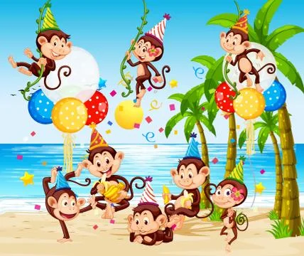 Monkey group in party theme cartoon character on beach background Stock Illustration