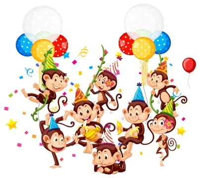 Monkey group in party theme cartoon character on white background Stock Illustration