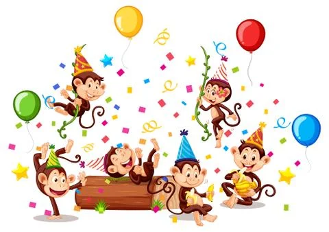 Monkey group in party theme isolated on white background Stock Illustration