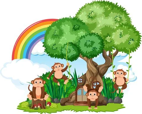Monkey group with tree Stock Illustration