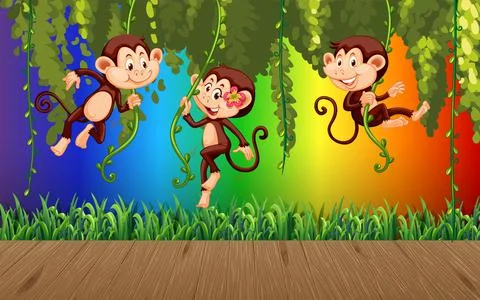 Monkey hanging on liana on rainbow gradient background Stock Illustration