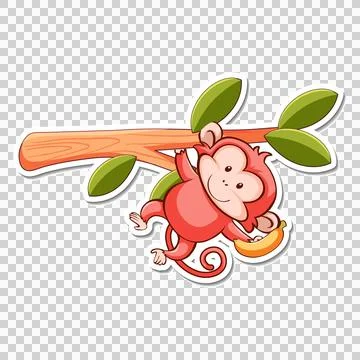 Monkey Hanging from Tree Branch Cartoon Ilustração Stock
