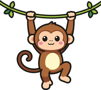 Monkey hanging from a vine, very minimal simple vector cartoon Stock Illustration