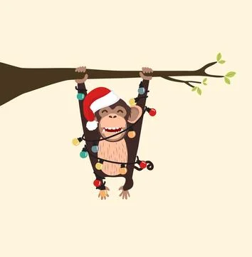 Monkey with hat christmas climbing tree Stock Illustration