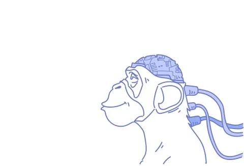 Monkey head connected modern cyborg brain artificial intelligence concept sketch 스톡 일러스트