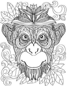 Monkey Head Facing Front With Leaves Background Colorless Line Drawing. Large Illustrazione stock