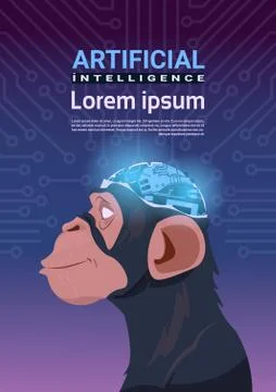 Monkey Head With Modern Cyborg Brain Over Circuit Motherboard Background Stock Illustration