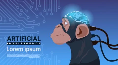 Monkey Head With Modern Cyborg Brain Over Circuit Motherboard Background Stock Illustration