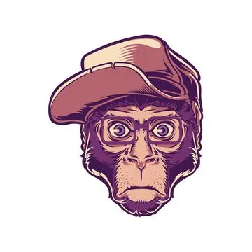 Monkey Head Wearing Baseball Cap and Glasses Purple and Beige Tones Vector .. Stock Illustration
