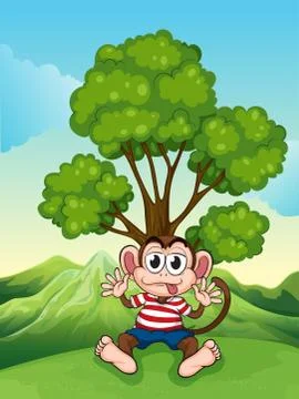 A monkey at the hilltop sitting under the tree Illustrazione stock